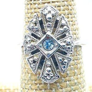 Art Deco Style Silver Tone Ring Blue Rhinestone Center Signed AVON Sunburst